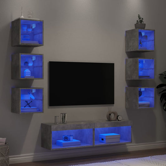 Tv-bänk 8 delar LED betonggrå konstruerat trä