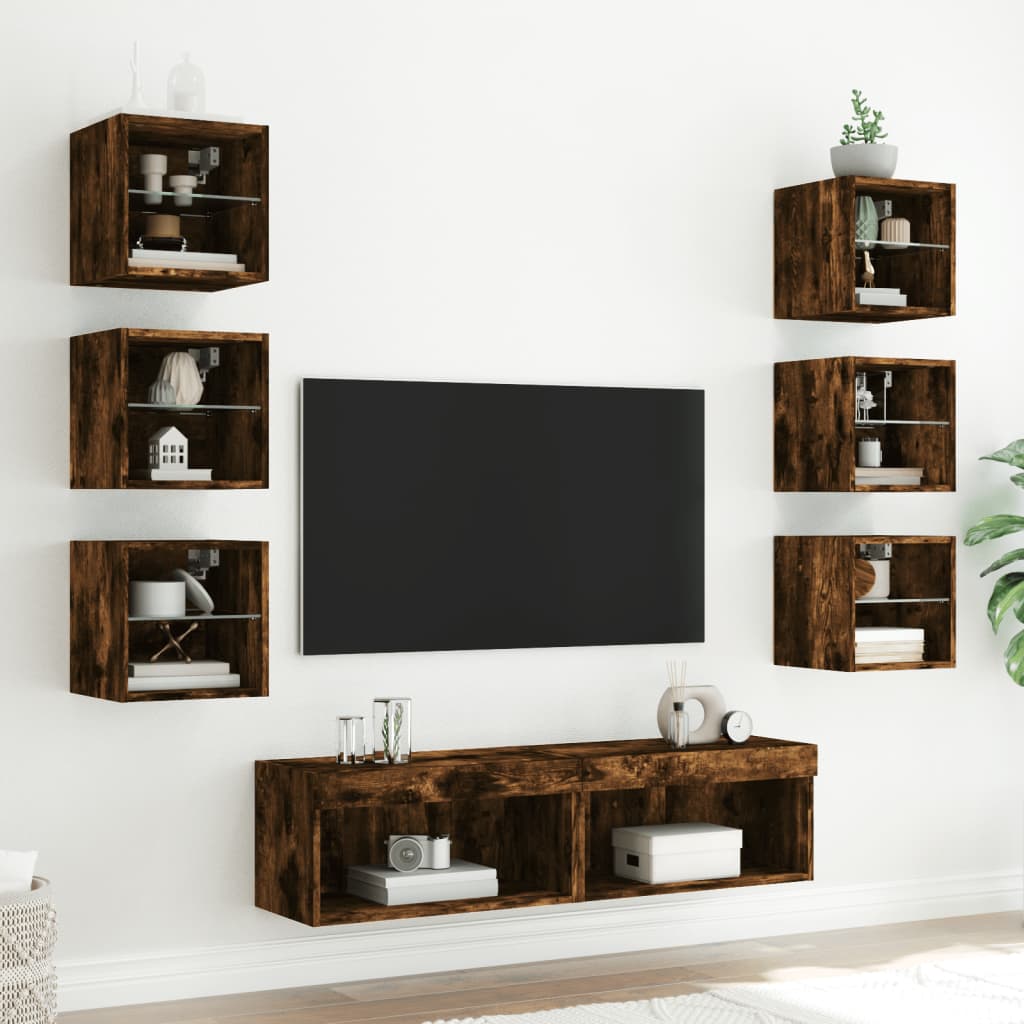 XXXXX Tv-bänk 8 delar LED rökfärgad ek
