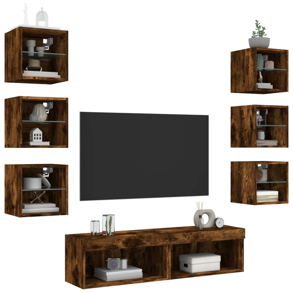 XXXXX Tv-bänk 8 delar LED rökfärgad ek