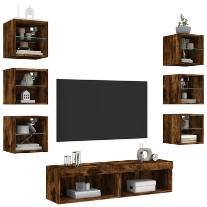 XXXXX Tv-bänk 8 delar LED rökfärgad ek