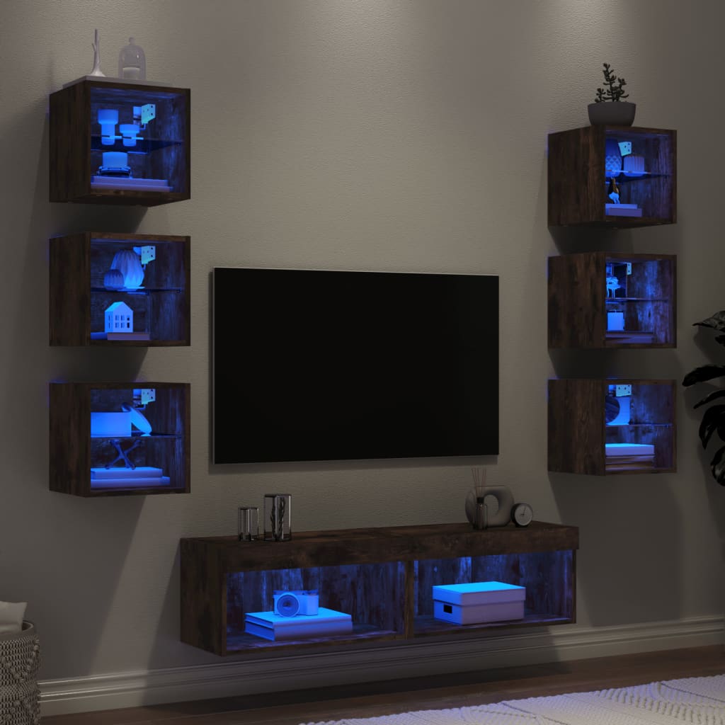 XXXXX Tv-bänk 8 delar LED rökfärgad ek