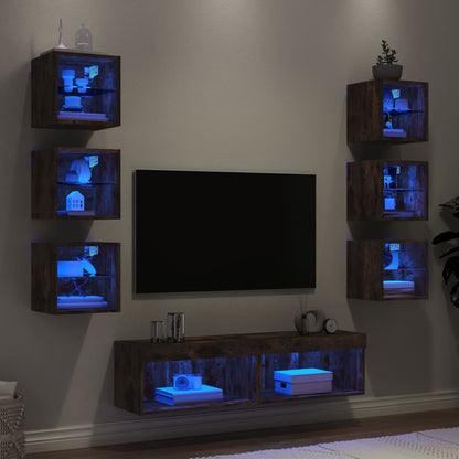 XXXXX Tv-bänk 8 delar LED rökfärgad ek