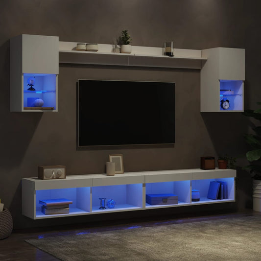 Tv-bänk 6 delar LED vit konstruerat trä