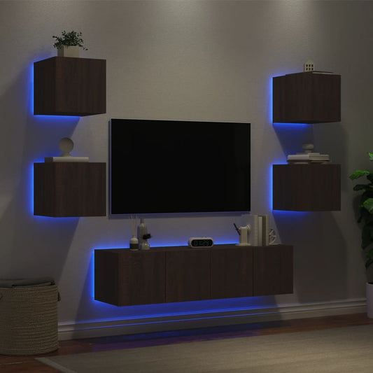 Tv-bänk 6 delar LED brun ek konstruerat trä