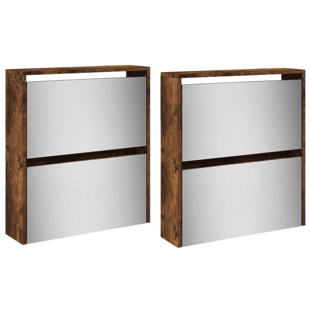 Skoställ Rökfärgad Ek Skoskåp med spegel 4 skåp 63x17x134 cm