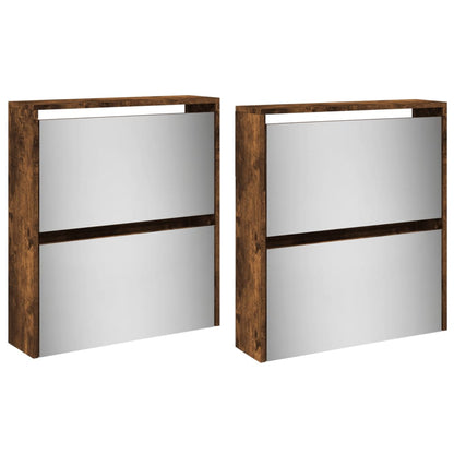 Skoställ Rökfärgad Ek Skoskåp med spegel 4 skåp 63x17x134 cm