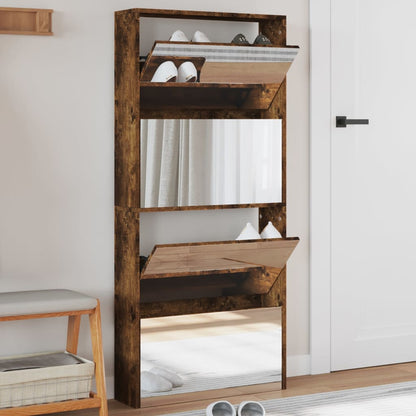 Skoställ Rökfärgad Ek Skoskåp med spegel 4 skåp 63x17x134 cm