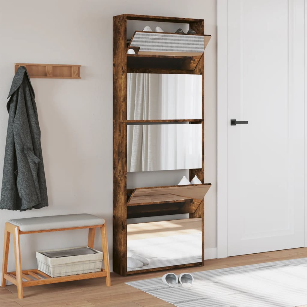 Skoställ Rökfärgad Ek Skoskåp med spegel 5 skåp 63x17x169,5 cm