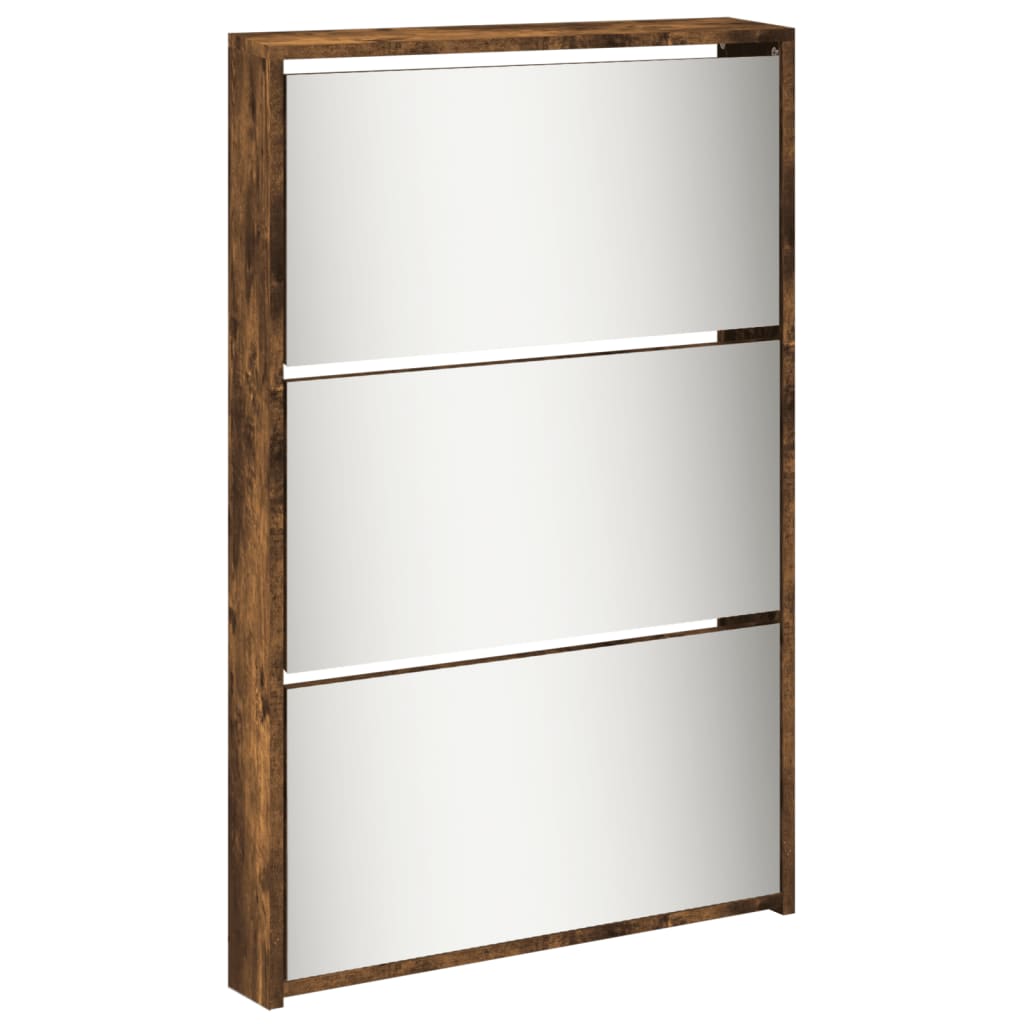 Skoställ Rökfärgad Ek Skoskåp med spegel 5 skåp 63x17x169,5 cm