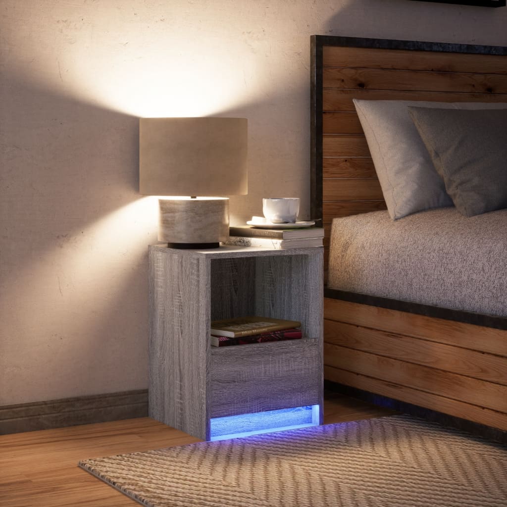 Sängbord med LED-lampor 2 st rökfärgad ek konstruerat trä