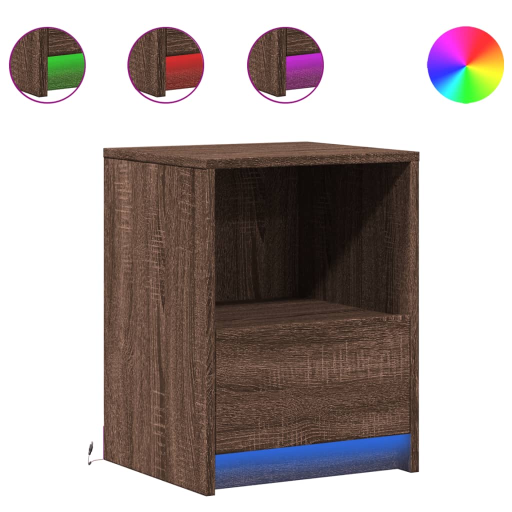 Sängbord med LED-lampor 2 st brun ek konstruerat trä
