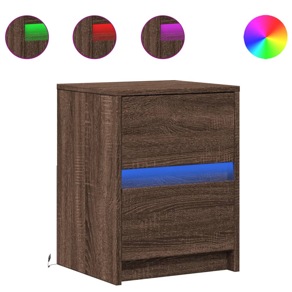 Sängbord med LED-lampor 2 st brun ek konstruerat trä