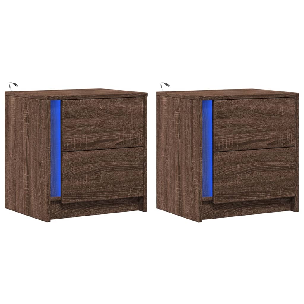 Sängbord med LED-lampor 2 st brun ek konstruerat trä