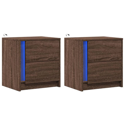 Sängbord med LED-lampor 2 st brun ek konstruerat trä