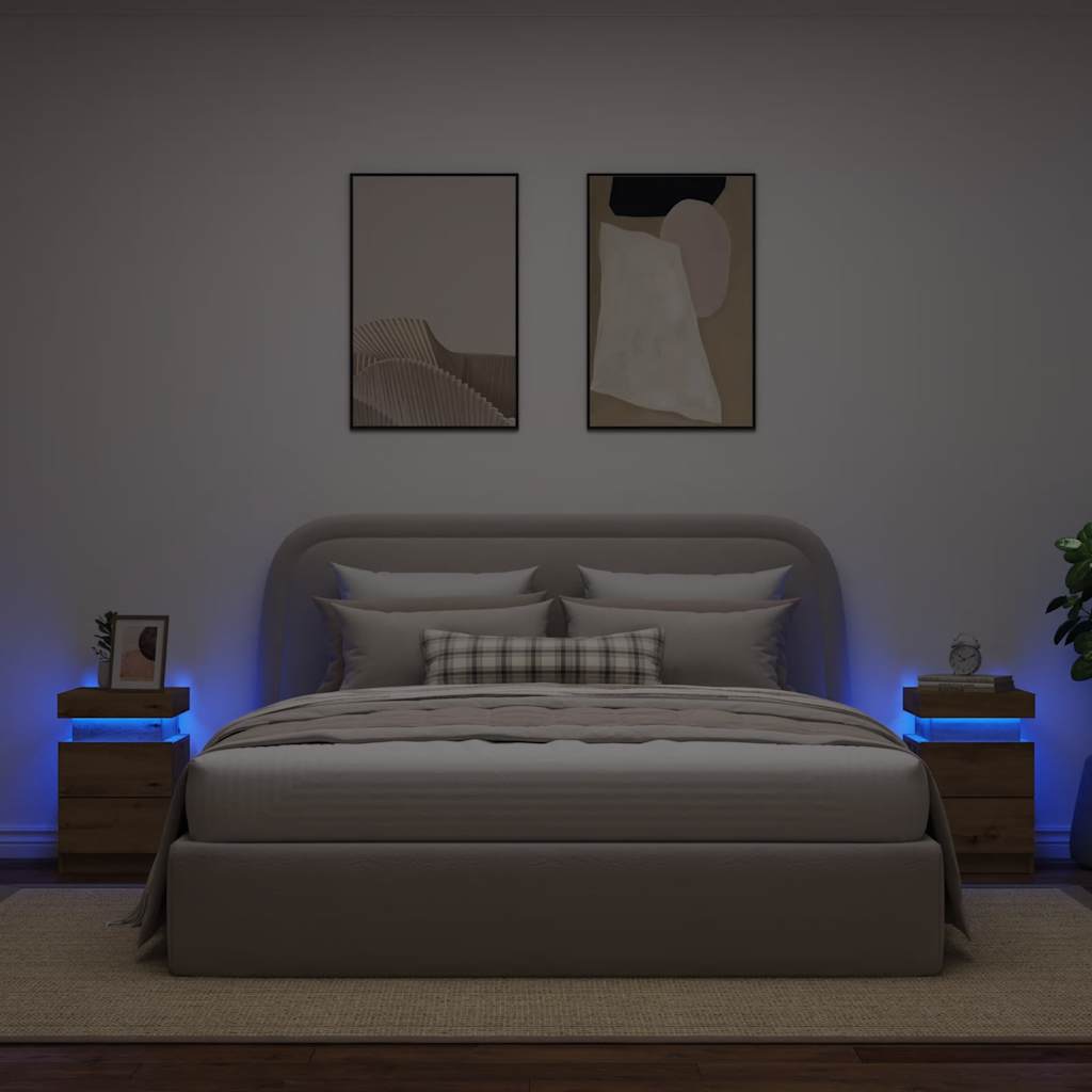 Sängbord med LED 2 st ek 35x39x55 cm konstruerat trä
