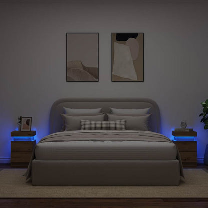 Sängbord med LED 2 st ek 35x39x55 cm konstruerat trä