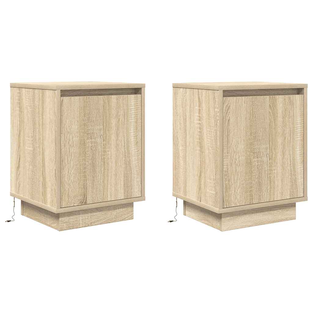 Sängbord med LED-lampor 2 st, Sonoma Ek 38x34x50 cm
