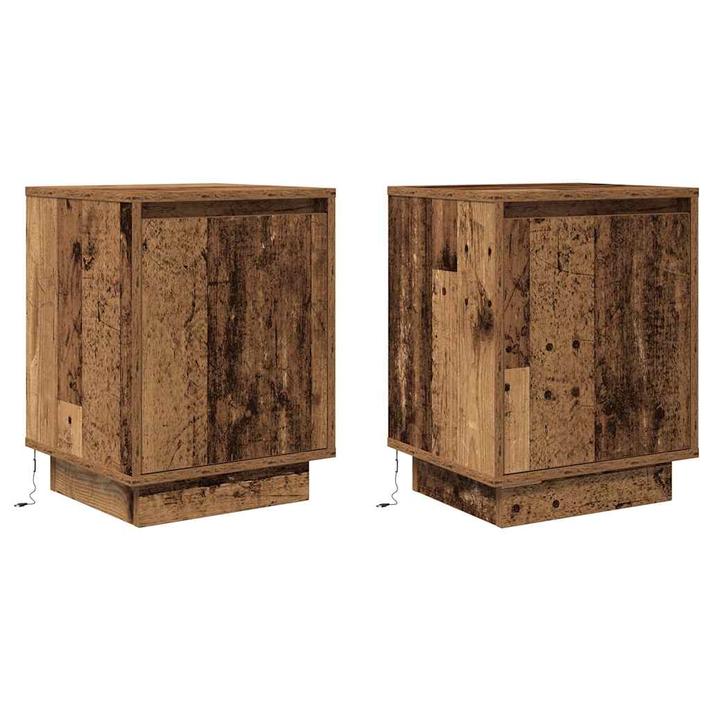 Sängbord med LED-lampor 2 st gammalt trä 38x34x50 cm