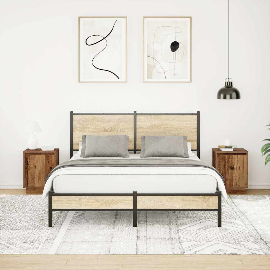 Sängbord med LED-lampor 2 st gammalt trä 38x34x50 cm