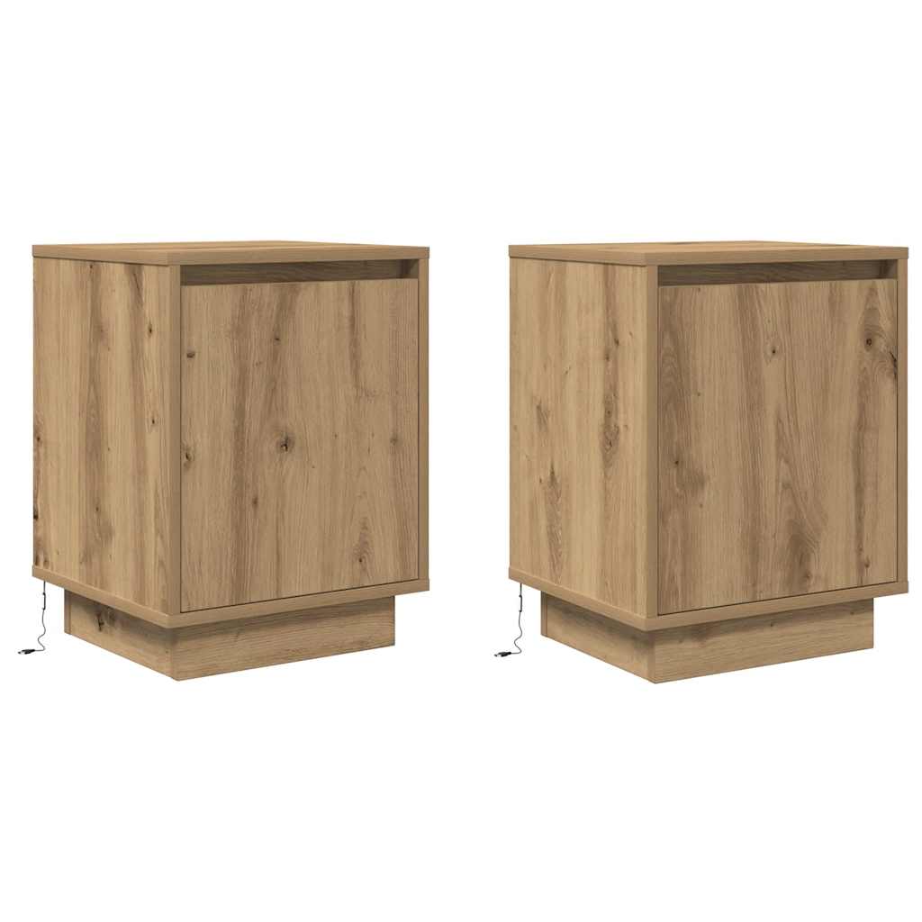 Sängbord med LED-lampor 2 st, hantverksmässig ek 38x34x50 cm