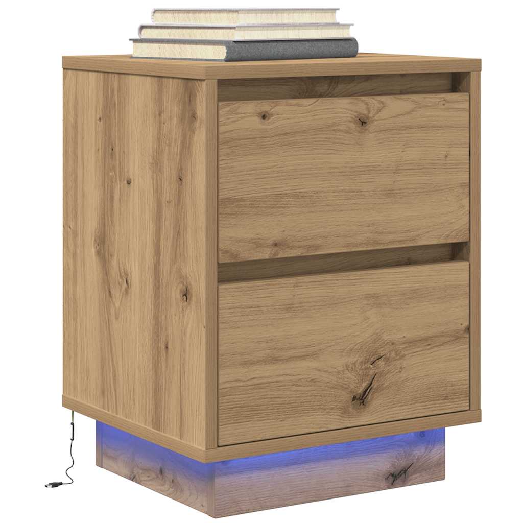 Sängbord med LED-lampor 2 st, hantverksmässig ek 38x34x50 cm