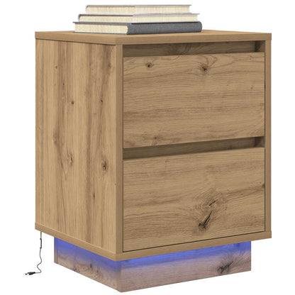 Sängbord med LED-lampor 2 st, hantverksmässig ek 38x34x50 cm