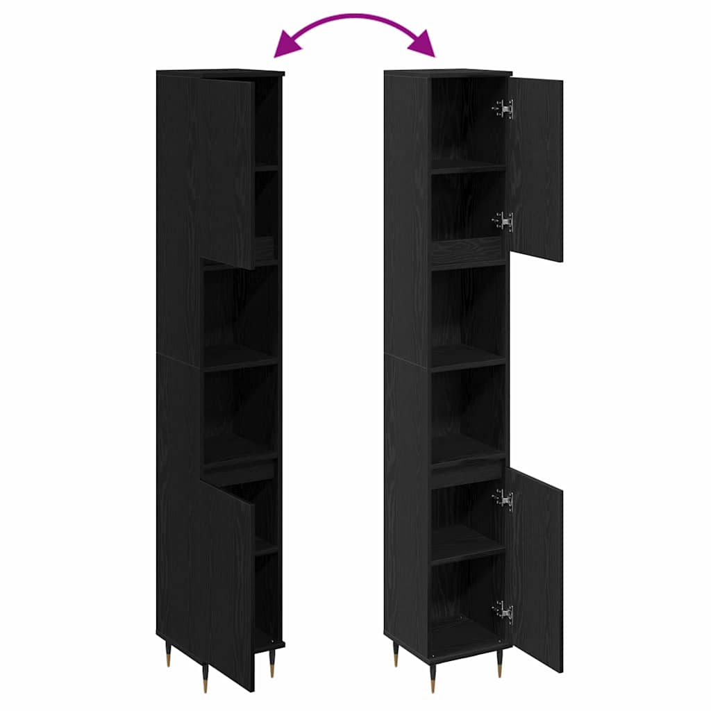 Badrumsskåp med dörr Svart Ek 30 x 30 x 190 cm