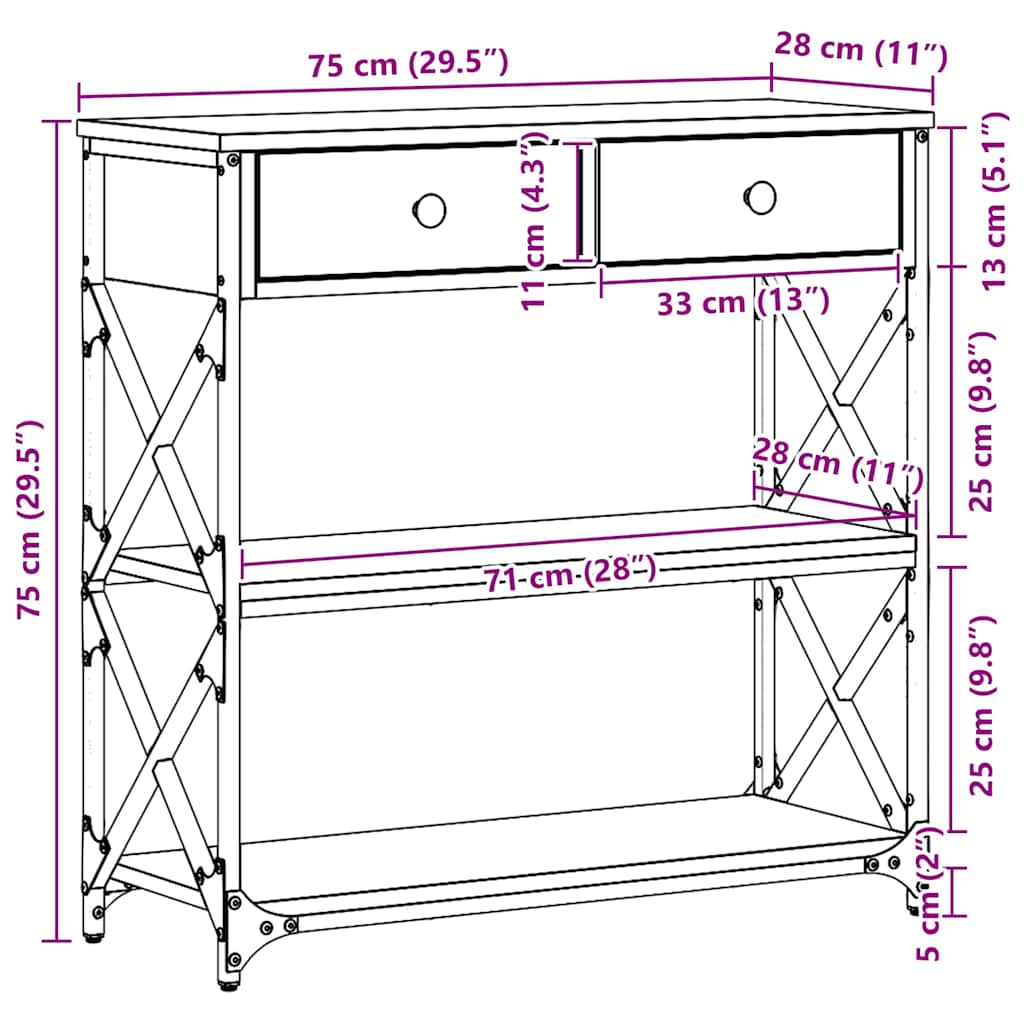 Avlastningsbord Konsollbord Åldrat Trä med låda med hylla 75 x 28 x 75 cm
