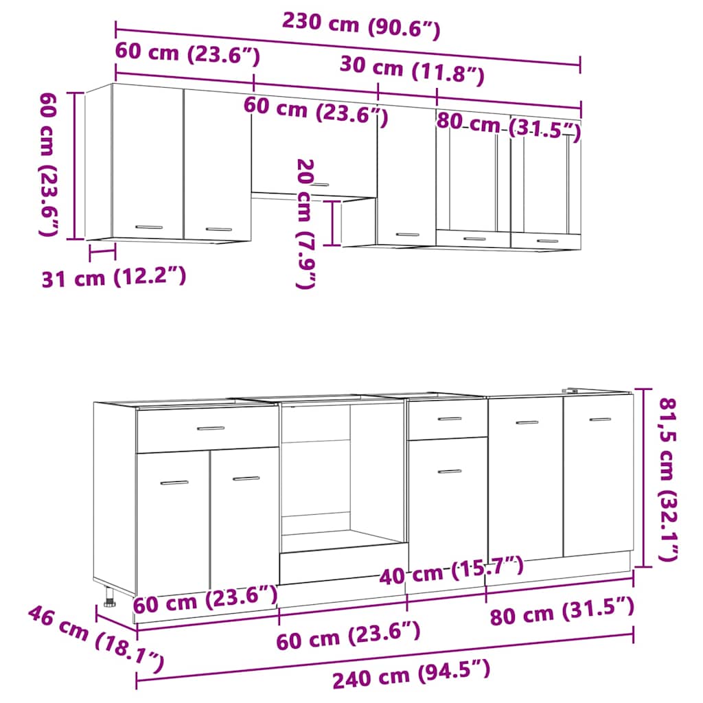 Kökskåpsset med låda Lyon 8 pcs Rökfärgad ek 240 x 46 x 81.5 cm