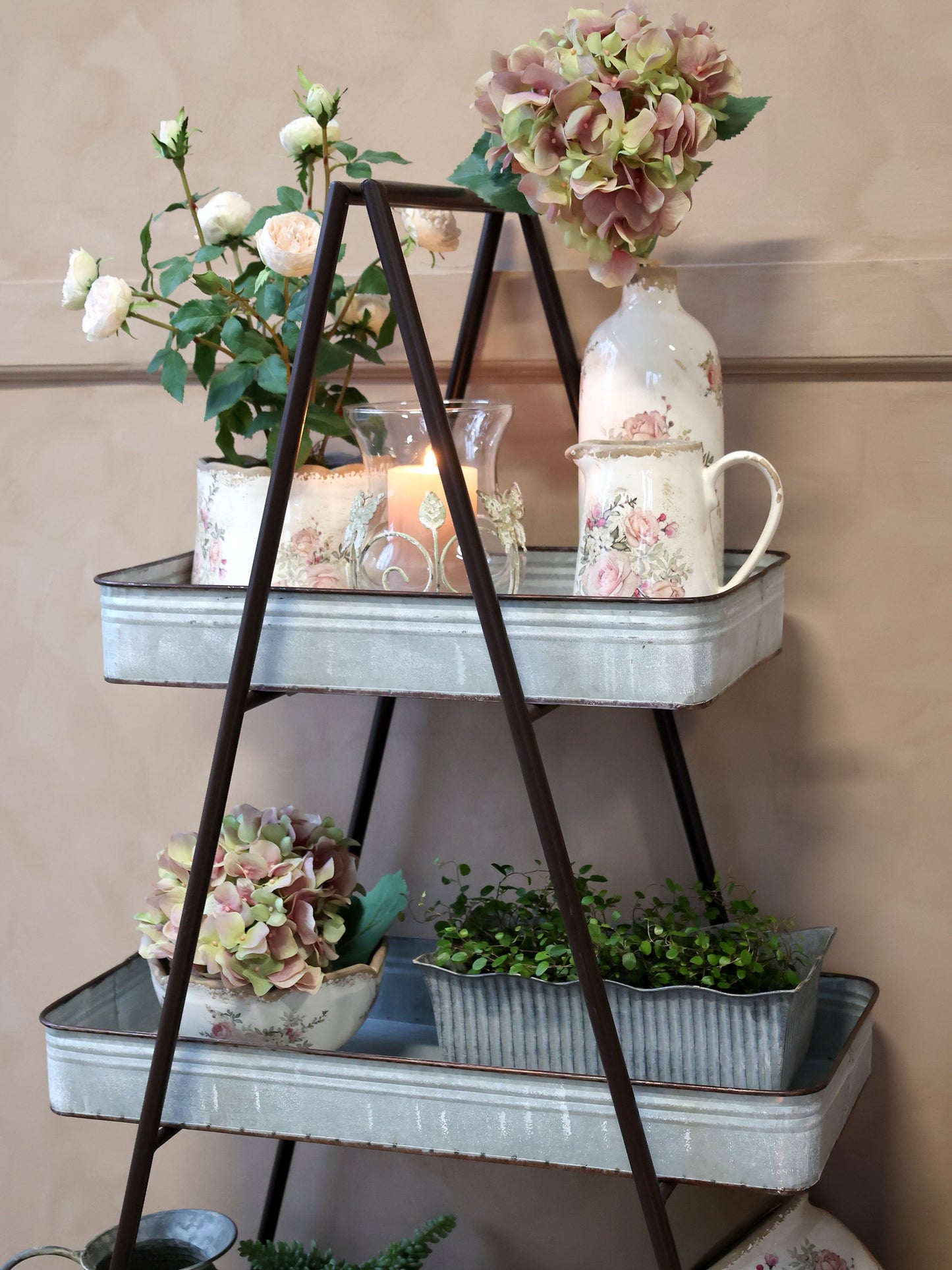 Hylla Bokhylla med 4 zinkhyllor H160 / L95,5 / B36 cm antik zink drop