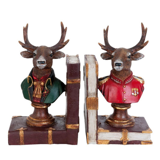 Dekoration Bokstöd Hjort Set om 2 Brun, Röd, Grön, Vit 14x13x18 cm