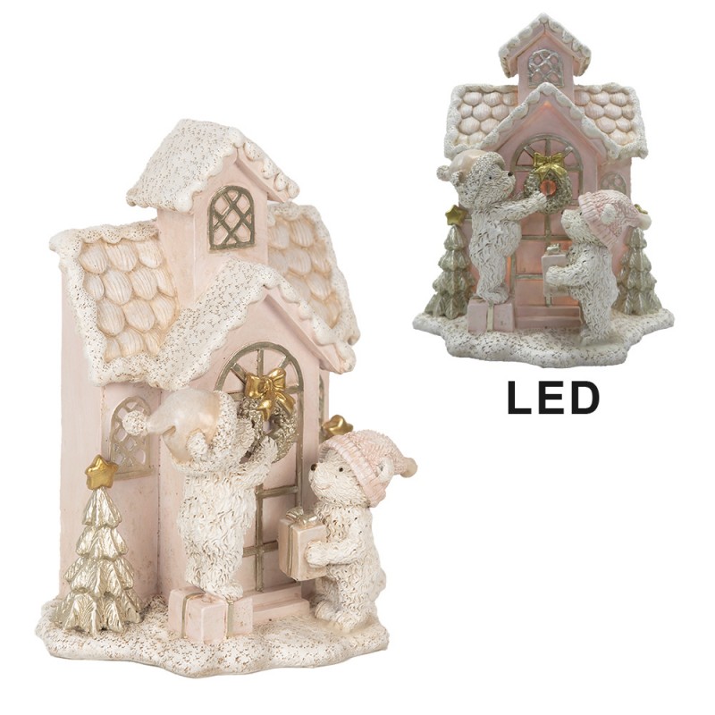 1 Clayre Eef Juldekoration Hus med bjrnar Rosa LED 15x10x18 cm